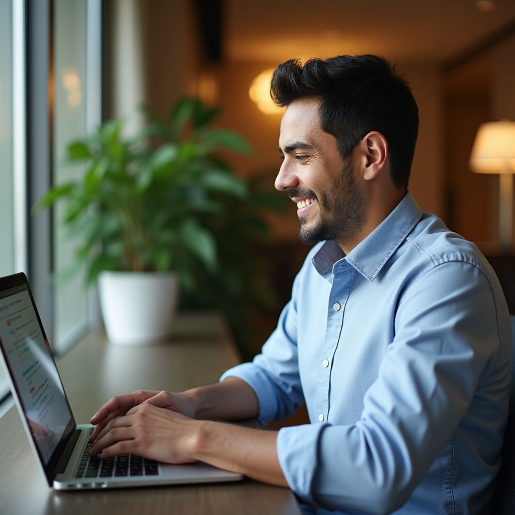 Professional confidently searching and finding a note on laptop, looking satisfied