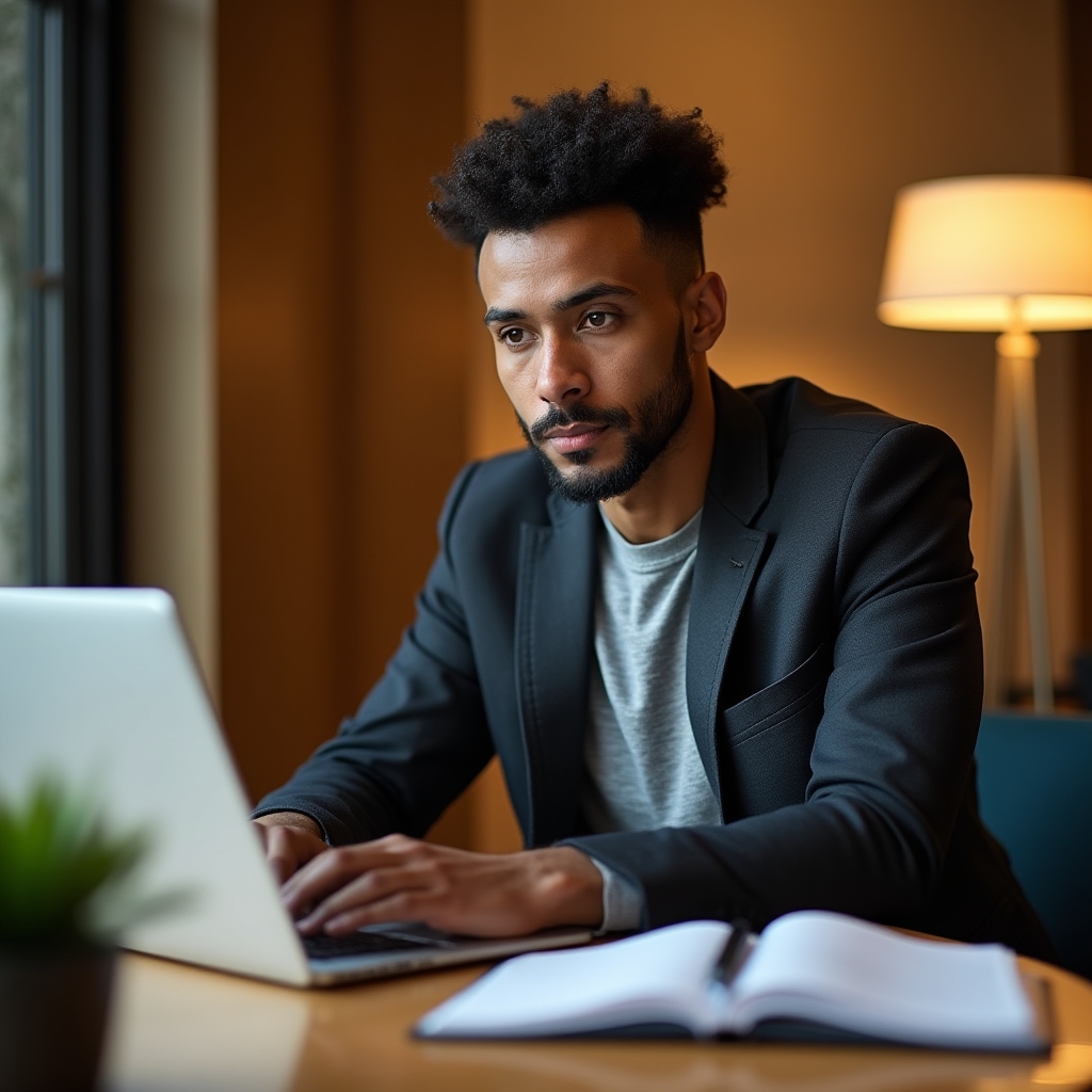 Instructor at a desk surrounded by organized notes and a laptop, calm and focused expression