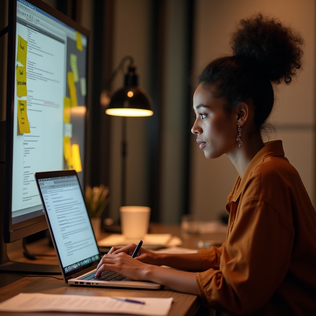 Professional writer assembling notes into a polished article on a laptop in a bright workspace
